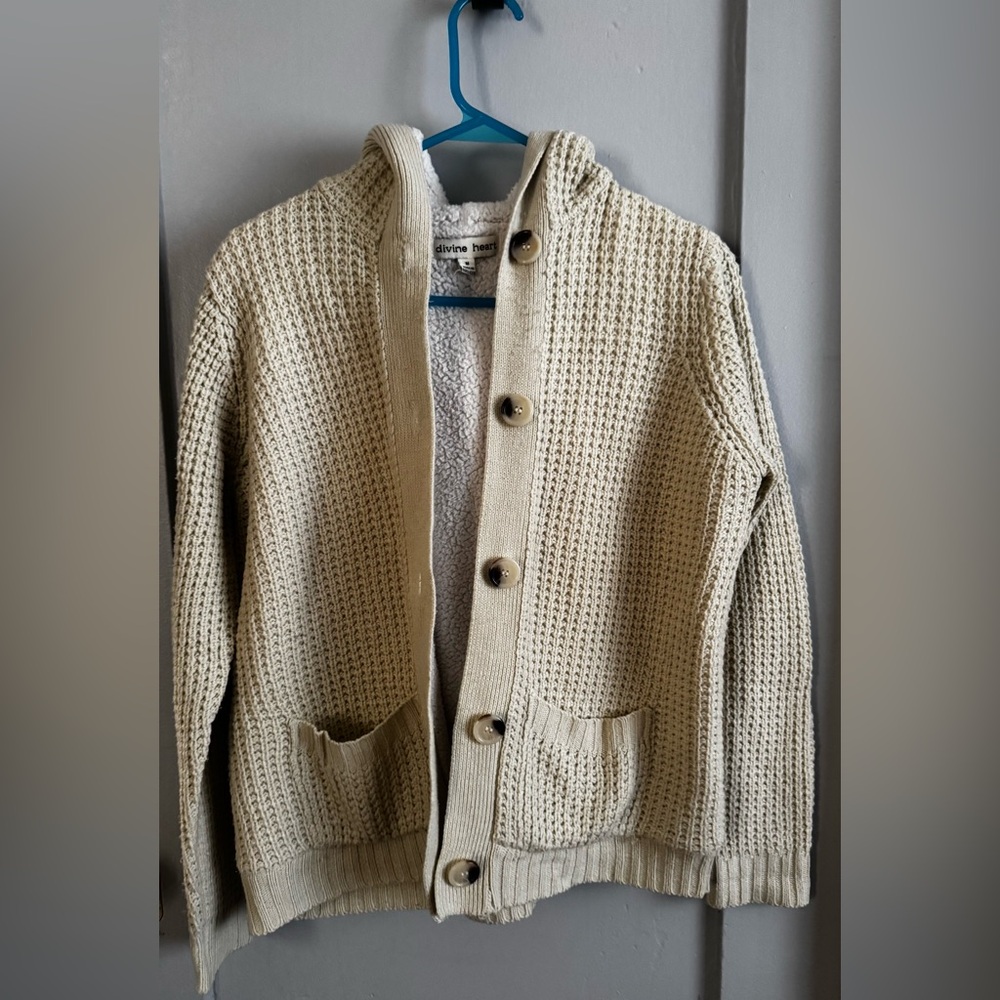 Cream Cardigan Sweater with Waffle Knit